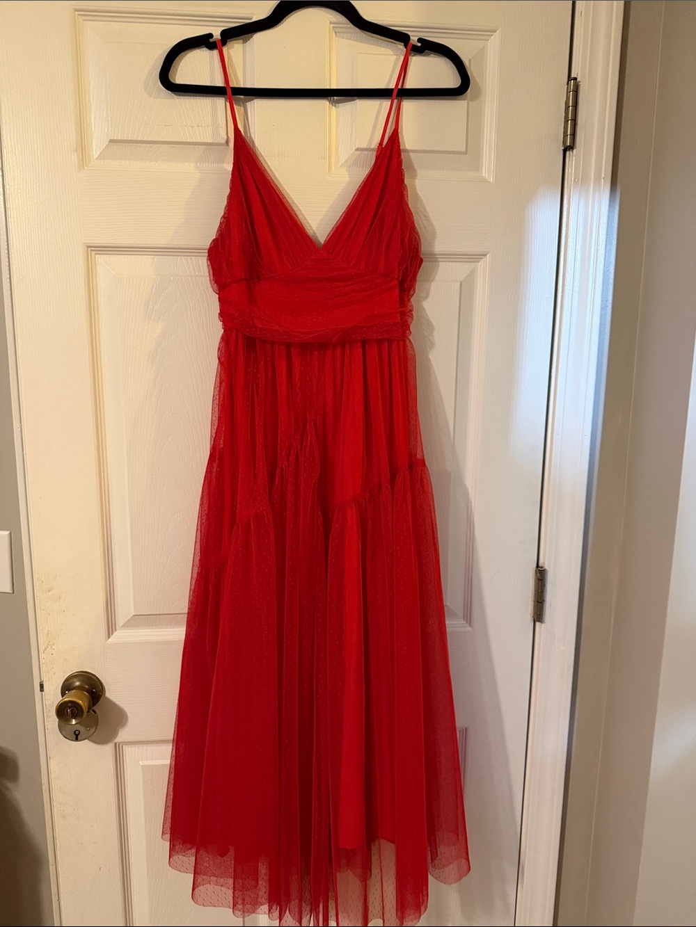 Hello Molly Vibrant Red Tulle Spaghetti-Strap Midi Dress